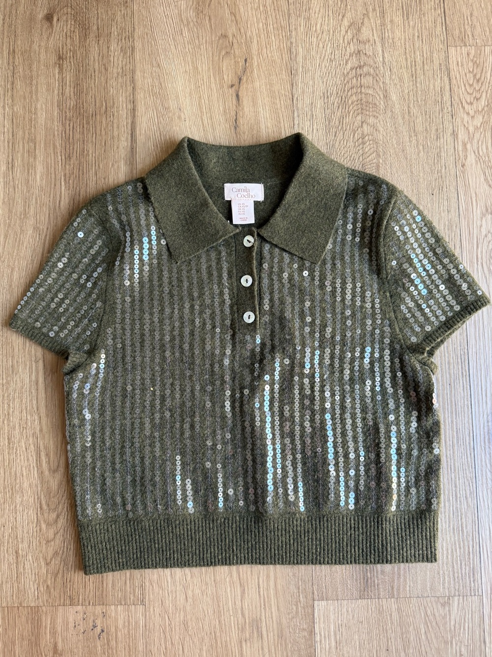 Camila Coelho Olive Green Sequin Sparkle Collared Button Shirt Preppy Size XS